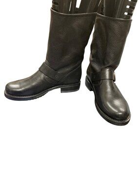 Frye womans black leather mid calf moto riding boots sz 5.5B SKU 10-185